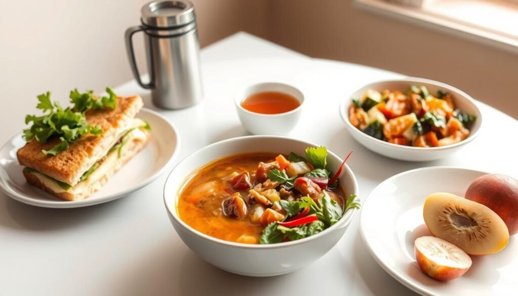 A neatly arranged table with an assortment of budget-friendly lunch options: a simple sandwich with fresh greens, a bowl of hearty soup, a colorful salad overflowing with crunchy vegetables, a thermos of warm tea, and a piece of ripe fruit. Soft natural lighting from a nearby window casts a warm glow, highlighting the textures and colors of the dishes. The scene conveys a sense of homemade comfort and thoughtful preparation, perfect for a midday meal that nourishes both body and spirit without breaking the bank.