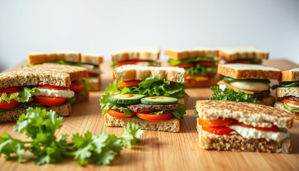 A neatly arranged wooden table, bathed in soft, natural lighting, showcases an assortment of freshly prepared vegetarian sandwiches. In the foreground, a close-up view reveals the vibrant colors and textures of the ingredients - crisp lettuce, juicy tomatoes, creamy avocado, and a variety of savory spreads. The middle ground features various sandwich halves, elegantly presented, with a focus on simplicity and ease of preparation. In the background, a minimalist, airy setting emphasizes the speed and convenience of these 15-minute vegetarian creations. The overall composition exudes a sense of wholesome, healthy indulgence, perfectly capturing the essence of the "Easy 30-Minute Vegetarian Sandwiches" section.