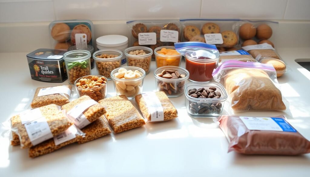 A neatly organized array of assorted freezer-friendly snacks lies on a clean, well-lit countertop, bathed in soft, natural lighting. In the foreground, an arrangement of individually wrapped granola bars, homemade energy bites, and frozen fruit smoothie packs invites closer inspection. The middle ground features small glass containers filled with trail mixes, roasted nuts, and overnight oats, while the background showcases frozen mini quiches, vegetable-based fritters, and healthy muffin bites. The overall composition conveys a sense of preparation, organization, and a commitment to wholesome, make-ahead snacking. A neatly organized array of assorted freezer-friendly snacks lies on a clean, well-lit countertop, bathed in soft, natural lighting. In the foreground, an arrangement of individually wrapped granola bars, homemade energy bites, and frozen fruit smoothie packs invites closer inspection. The middle ground features small glass containers filled with trail mixes, roasted nuts, and overnight oats, while the background showcases frozen mini quiches, vegetable-based fritters, and healthy muffin bites. The overall composition conveys a sense of preparation, organization, and a commitment to wholesome, make-ahead snacking.