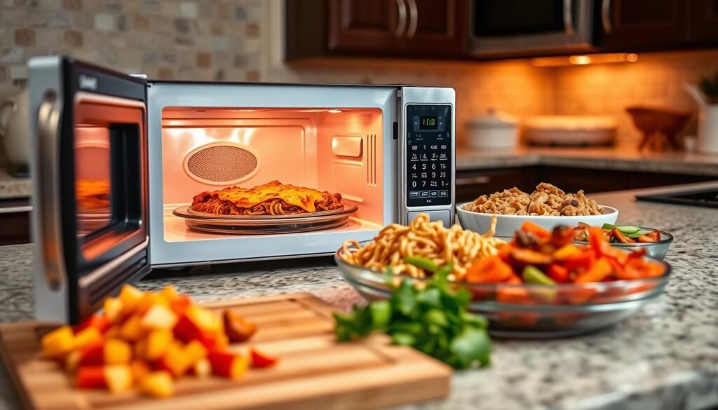 A neatly organized kitchen counter showcases an assortment of microwave-ready meals, each dish presented with its own distinct flavors and textures. The foreground features an open microwave oven, its interior bathed in a warm, inviting glow, ready to quickly heat up the hearty casserole, savory pasta, and tender vegetables arrayed before it. In the middle ground, a cutting board displays the chopped ingredients used to prepare these easy, customizable meals, while the background suggests a cozy, well-appointed kitchen, complete with gleaming appliances and a sense of culinary efficiency. The overall atmosphere conveys the convenience and versatility of these quick microwave dinner recipes, perfect for busy weeknights or when seeking to repurpose leftovers into delicious, satisfying meals.