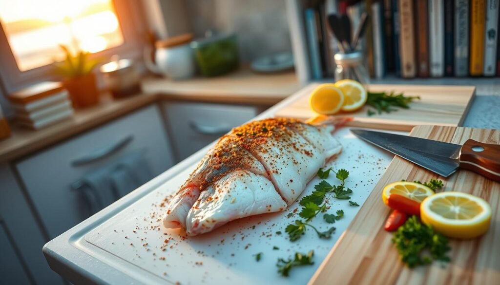 A neatly organized kitchen counter, the warm light of a sunset streaming through the window, showcasing a crisp red snapper fillet, seasoned with a blend of Caribbean spices. Nearby, a cutting board displays knife skills: deftly slicing lemon wedges, scattering fresh herbs, and arranging a selection of cooking utensils. In the background, a bookshelf holds dog-eared cookbooks, hinting at a wealth of culinary knowledge. The scene exudes an atmosphere of expertise, creativity, and the perfect balance of flavors awaiting the chef's masterful touch.