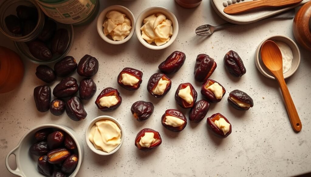 A neatly organized kitchen counter with a mix of fresh dates, creamy cheese filling, and an array of utensils. Soft, warm lighting casts a cozy glow, highlighting the intricate process of carefully stuffing each date. An overhead camera angle showcases the meticulous preparation, capturing the delicate assembly with a sense of anticipation. The scene exudes a feeling of thoughtful, advanced organization, ready to transform an ordinary gathering into a delightful and memorable experience. A neatly organized kitchen counter with a mix of fresh dates, creamy cheese filling, and an array of utensils. Soft, warm lighting casts a cozy glow, highlighting the intricate process of carefully stuffing each date. An overhead camera angle showcases the meticulous preparation, capturing the delicate assembly with a sense of anticipation. The scene exudes a feeling of thoughtful, advanced organization, ready to transform an ordinary gathering into a delightful and memorable experience.