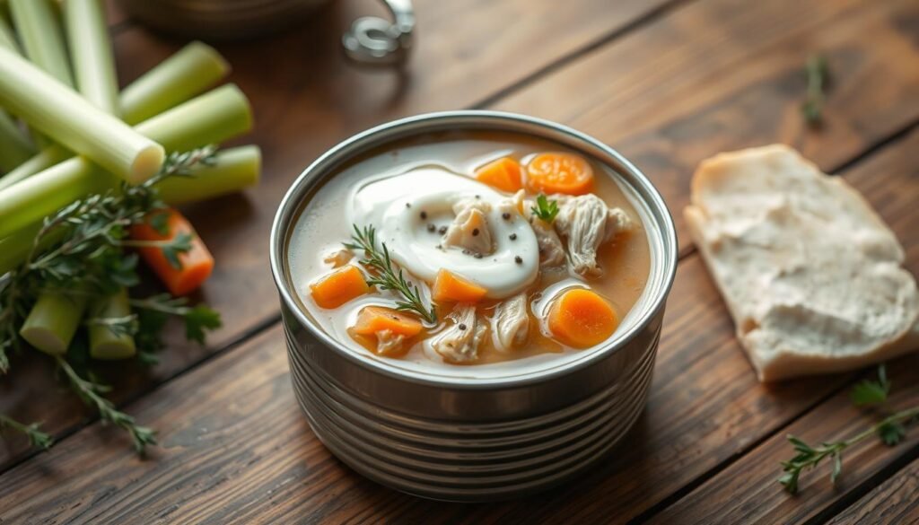 A nourishing canned chicken soup simmers on a rustic wooden table, steam gently rising. Crisp celery stalks, tender carrots, and shredded chicken create a comforting scene. The soup is enhanced with a swirl of heavy cream, thickening the broth and adding a velvety smoothness. Sprigs of fresh thyme and parsley provide aromatic accents, while a sprinkle of black pepper adds a subtle kick. Soft natural lighting highlights the soup's inviting golden hue, casting a warm glow over the humble yet satisfying meal. A simple, elegant presentation that captures the essence of homemade comfort in a can.
