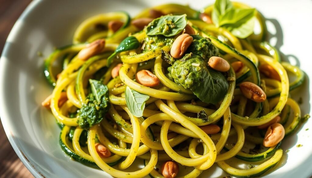 A perfectly plated dish of zucchini noodles, expertly spiralized and glistening with a vibrant, aromatic pesto sauce. The noodles are coiled in an appetizing arrangement, accented by slivers of fresh basil leaves and toasted pine nuts. Soft natural lighting from the side casts gentle shadows, highlighting the texture and depth of the composition. The overall scene exudes a comforting, rustic charm, inviting the viewer to savor the fresh, flavorful vegetarian delicacy.