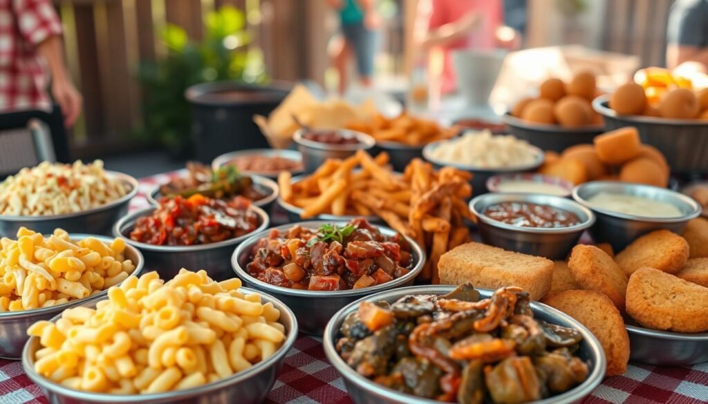 A picturesque spread of authentic regional BBQ side dishes from across the United States, captured under warm natural lighting with a shallow depth of field. In the foreground, a diverse selection of hearty, homestyle sides including creamy mac and cheese, tangy coleslaw, spicy collard greens, and fluffy cornbread. In the middle ground, slow-smoked baked beans, vinegar-based potato salad, and zesty hush puppies. The background features a rustic wooden table draped with a checkered tablecloth, complemented by the occasional glimpse of a lively backyard BBQ scene. The overall atmosphere evokes the spirit of classic American regional cuisine and the cherished traditions of outdoor BBQ culture.