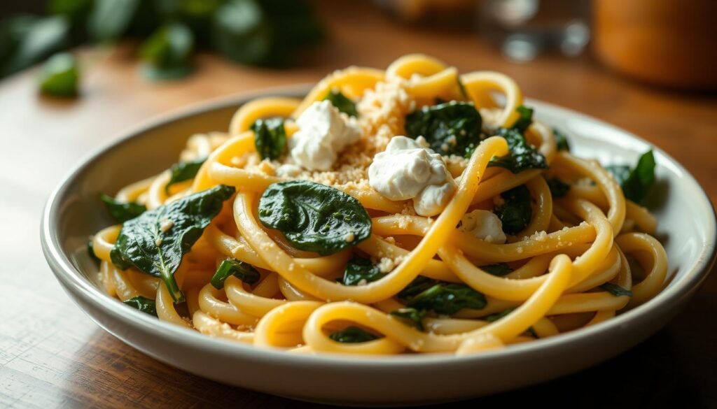 A plate of perfectly cooked, creamy vegetarian pasta dishes, with vibrant spinach and soft, pillowy ricotta cheese nestled within the noodles. The lighting is warm and inviting, casting a soft glow on the dish. The camera captures the dish from a slightly high angle, showcasing the luscious, velvety texture of the sauce and the delicate balance of flavors. The background is blurred, allowing the pasta to take center stage. The overall mood is one of comfort, nourishment, and a celebration of simple, wholesome ingredients.