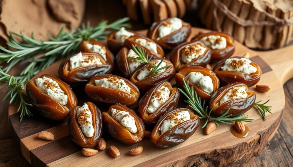 A platter of Mediterranean-inspired stuffed dates, artfully arranged against a backdrop of rustic textures. Medjool dates, their golden skins plump and inviting, are filled with a savory blend of mascarpone, feta, and herbs, their surfaces dusted with a light sprinkling of za'atar. The dates are placed on a handcrafted wooden board, complemented by sprigs of rosemary, toasted pine nuts, and a drizzle of honey, creating a visually striking and appetizing display. Soft, warm lighting bathes the scene, evoking the cozy ambiance of a Mediterranean gathering. The composition is balanced, with the dates taking center stage, surrounded by complementary elements that enhance their flavors and allure. A platter of Mediterranean-inspired stuffed dates, artfully arranged against a backdrop of rustic textures. Medjool dates, their golden skins plump and inviting, are filled with a savory blend of mascarpone, feta, and herbs, their surfaces dusted with a light sprinkling of za'atar. The dates are placed on a handcrafted wooden board, complemented by sprigs of rosemary, toasted pine nuts, and a drizzle of honey, creating a visually striking and appetizing display. Soft, warm lighting bathes the scene, evoking the cozy ambiance of a Mediterranean gathering. The composition is balanced, with the dates taking center stage, surrounded by complementary elements that enhance their flavors and allure.