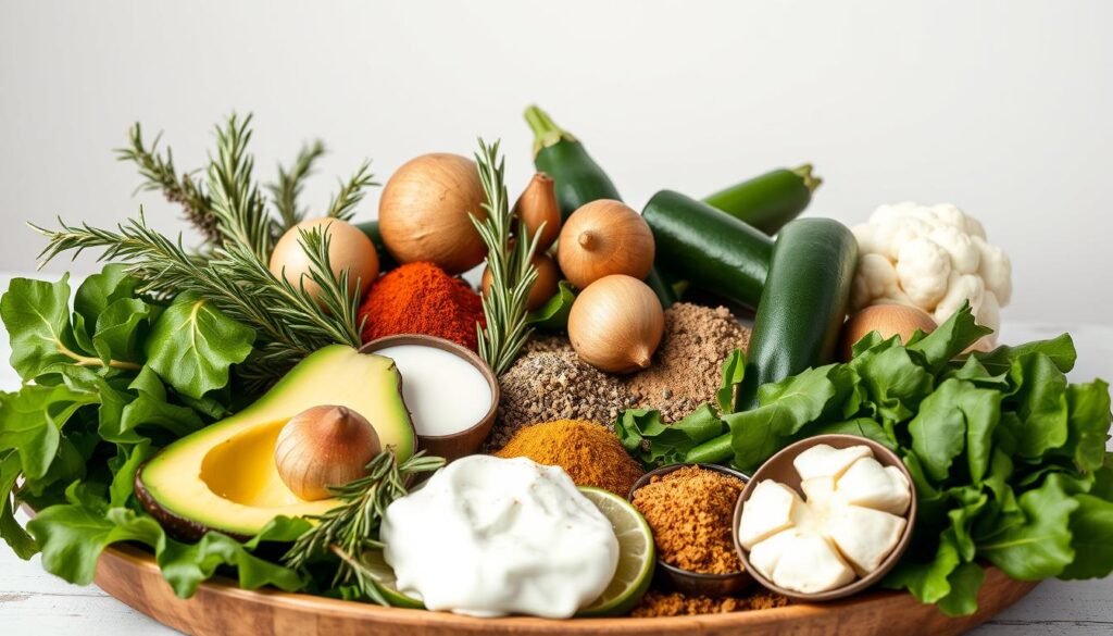 A platter of fresh, organic keto-friendly ingredients arranged artfully against a clean, neutral background. In the foreground, a display of vibrant green leafy vegetables, sliced avocado, and creamy coconut milk. In the middle, a variety of aromatic herbs and spices, such as fresh rosemary, thyme, and ground cumin. In the background, a selection of nutrient-dense, low-carb vegetables like zucchini, cauliflower, and mushrooms. The lighting is soft and diffused, emphasizing the natural textures and colors of the ingredients. The overall composition conveys a sense of simplicity, nourishment, and the essential elements for crafting delicious, fat-burning keto soups.