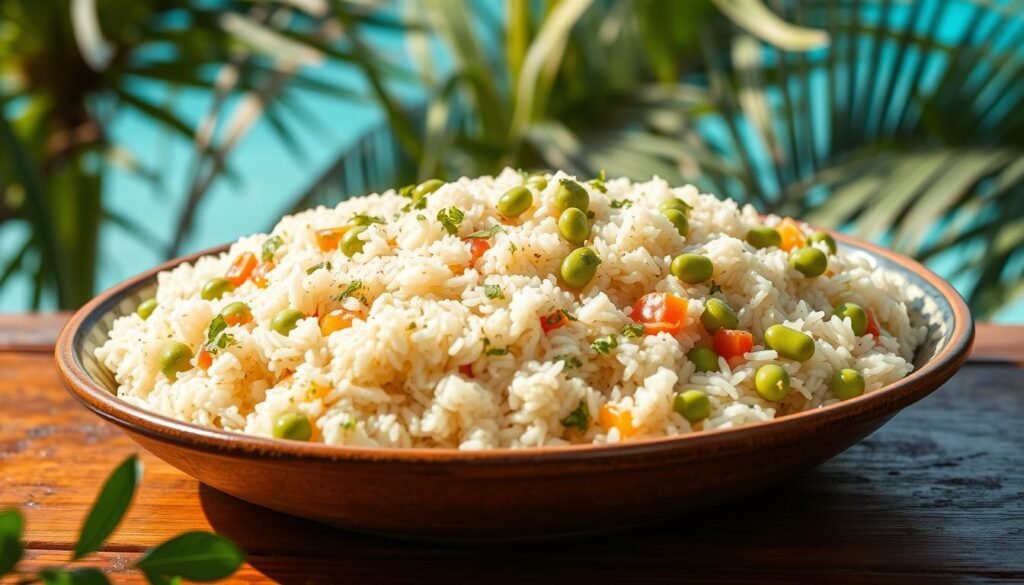 A platter of steaming Caribbean rice and peas, a vibrant and aromatic side dish, photographed in natural soft lighting. The grains of rice are fluffy and white, complemented by the rich, creamy texture of the peas. Flecks of chopped fresh herbs, like thyme and parsley, add a pop of color and freshness. The dish is presented on a rustic, wooden table, with a backdrop of lush, tropical foliage and a glimpse of the azure Caribbean Sea in the distance, hinting at the dish's island origins. The overall composition is clean, inviting, and evocative of the flavors and atmosphere of the Caribbean.