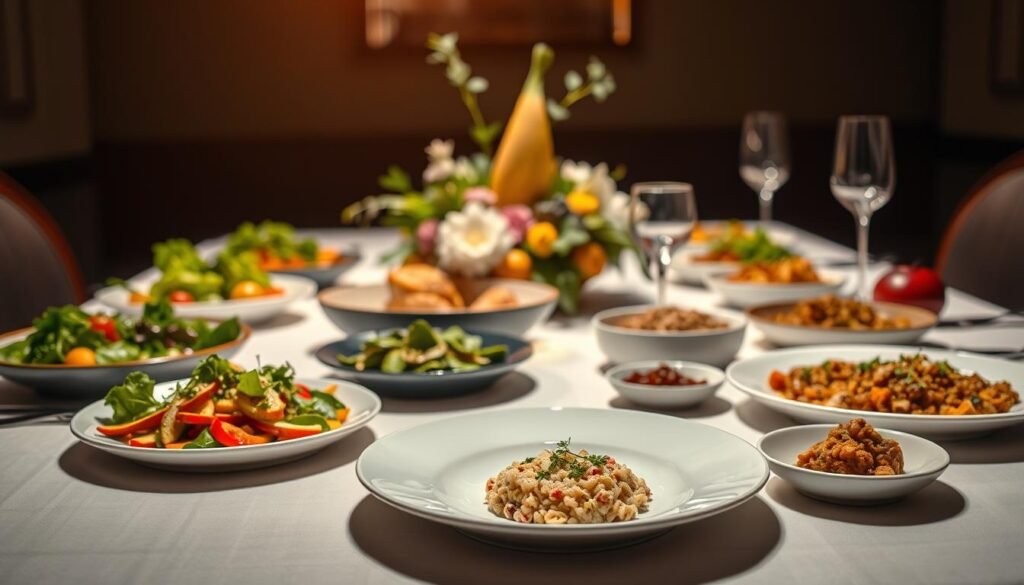 A refined, elegant table setting featuring a variety of visually striking vegetarian dishes. In the foreground, a plate with a delicate, artfully arranged plant-based main course, perhaps a creamy risotto or a hearty lentil stew. Surrounding it, an assortment of vibrant side dishes, such as roasted vegetables, a colorful salad, and a flavorful grain. The middle ground showcases a centerpiece of fresh herbs, flowers, or a sculptural fruit arrangement, casting a soft, warm glow. The background is dimly lit, with subtle shadows and highlights, creating an intimate, upscale ambiance. The overall composition exudes a sense of sophistication, balance, and a celebration of the culinary possibilities of plant-based fine dining.