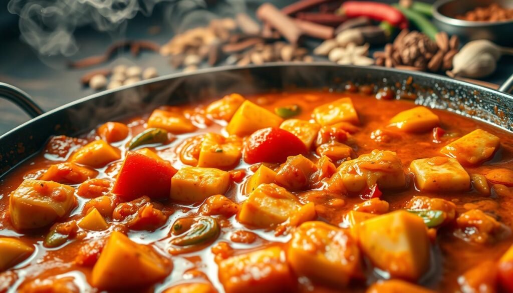 A rich, aromatic Kadai Paneer dish, simmered in a vibrant tomato-based gravy, infused with a blend of fragrant spices. In the foreground, cubes of paneer cheese glistening with the silky sauce, surrounded by sautéed onions, bell peppers, and tomatoes. The middle ground features a traditional Indian kadai or wok, emitting wisps of steam. In the background, a colorful assortment of whole spices, including cumin, coriander, and garam masala, adding depth and complexity to the flavor profile. Warm, ambient lighting illuminates the scene, casting a cozy, comforting atmosphere. Shot from a low angle to accentuate the dish's inviting presentation.