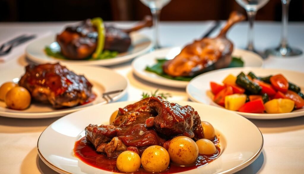 A richly lit, high-resolution photograph of a classic French main course, plated with elegance and precision on a white tablecloth. In the foreground, a tender beef bourguignon with a glistening, burgundy-hued sauce, accompanied by roasted potatoes and pearl onions. The middle ground showcases a beautifully seared duck confit, the crisp skin contrasting with the succulent meat. In the background, a vibrant ratatouille, its vibrant colors and textures adding depth to the composition. The lighting is warm and inviting, casting a soft glow over the scene, and the camera angle is slightly elevated, creating a sense of refinement and exclusivity.
