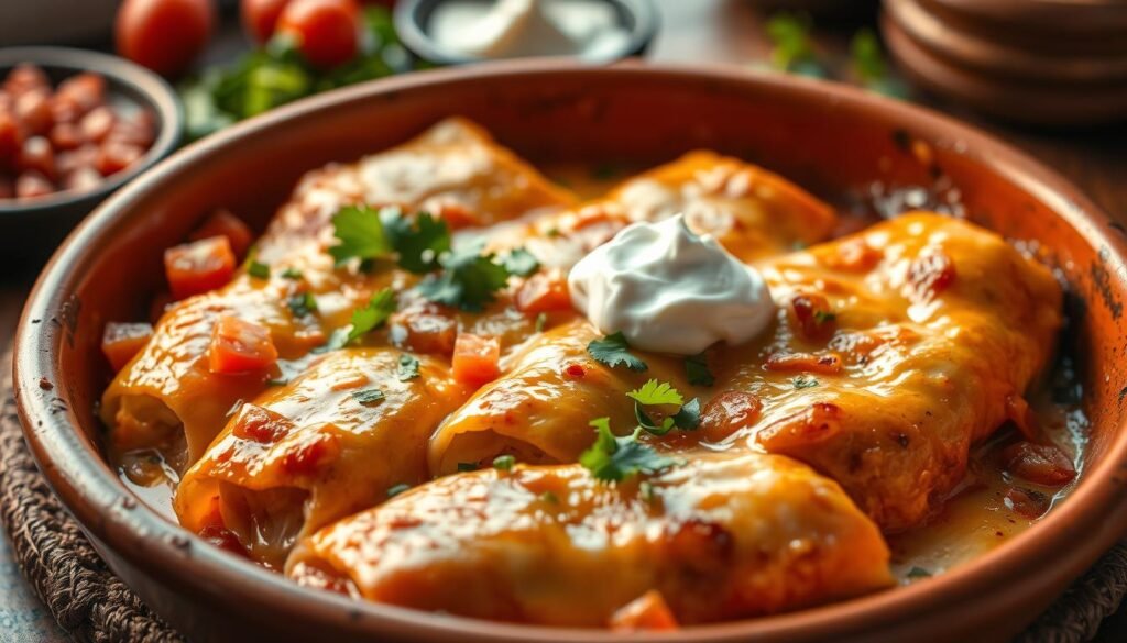 A richly-textured image of a tray of piping-hot, creamy chicken enchiladas, freshly baked and glistening with a golden-brown cheese topping. The enchiladas are arranged on a rustic terracotta serving dish, accompanied by vibrant garnishes like diced tomatoes, chopped cilantro, and a drizzle of tangy sour cream. The scene is bathed in warm, soft lighting, creating a cozy, inviting atmosphere. The image captures the mouthwatering essence of authentic Mexican cuisine, with the enchiladas taking center stage as the star of the composition.