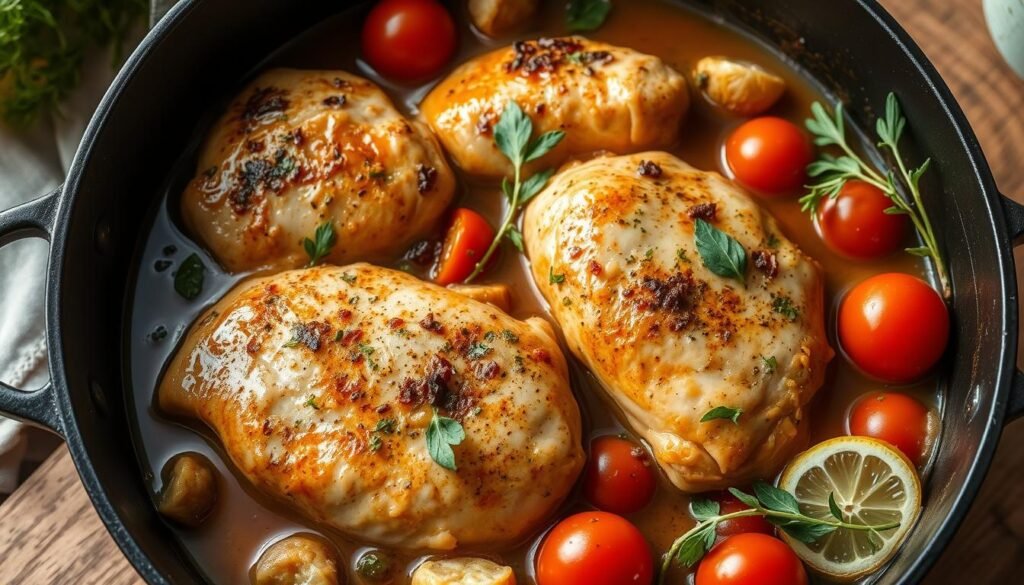 A rustic Mediterranean chicken dish with tender, juicy chicken thighs nestled among vibrant artichoke hearts, cherry tomatoes, and fresh herbs. Bathed in a luscious sauce of white wine, garlic, and lemon, the ingredients mingle in a cast-iron skillet under soft, natural lighting. The scene exudes warmth and comfort, inviting the viewer to savor the flavors of the Mediterranean. Captured from a high angle, the arrangement showcases the dish's aromatic appeal and fresh, wholesome character, reflecting the essence of "Essential Ingredients for Mediterranean Chicken".