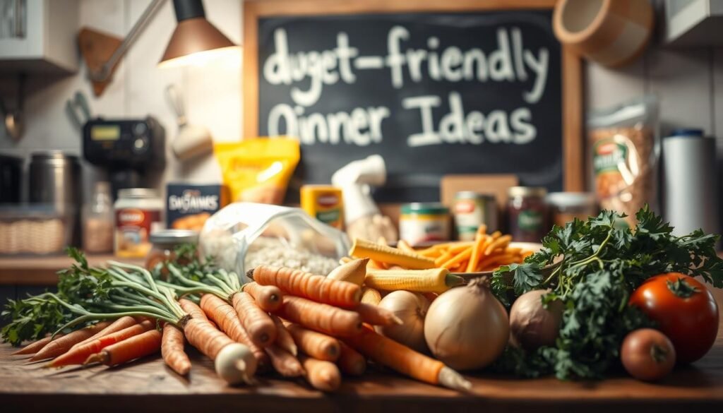 A rustic kitchen counter, dimly lit by a warm, cozy light, showcases an assortment of budget-friendly dinner ingredients. In the foreground, fresh vegetables like carrots, potatoes, and onions are neatly arranged, hinting at the simple, hearty meal to come. Behind them, a mix of pantry staples, such as canned beans, rice, and pasta, suggests the versatility of these affordable options. In the background, a chalkboard menu board displays hand-written "Budget-Friendly Dinner Ideas," creating an inviting, homey atmosphere. The scene is captured with a wide-angle lens, emphasizing the humble yet appealing nature of these everyday ingredients.
