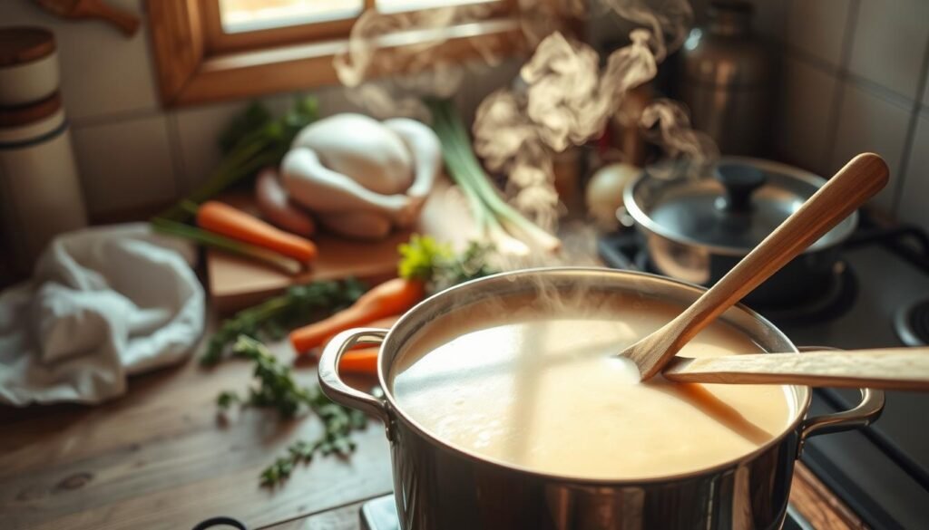 A rustic kitchen counter, illuminated by soft natural light filtering through a nearby window. On the surface, an array of fresh ingredients - whole chicken, carrots, celery, onions, herbs, and a simmering pot of homemade chicken soup. The aromatic steam rises gently, filling the air with the comforting scent of simmering broth. In the foreground, a wooden spoon stirs the pot, revealing the rich, creamy texture of the soup as it slowly comes together. The overall mood is warm, inviting, and evocative of the traditional process of crafting a nourishing, scratch-made cream of chicken soup from scratch.