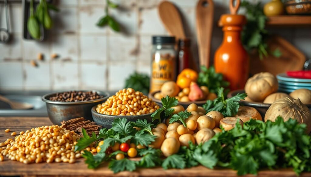 A rustic kitchen countertop adorned with an array of vibrant Indian spices, fragrant herbs, and fresh vegetables. In the foreground, a collection of budget-friendly ingredients - lentils, chickpeas, potatoes, and leafy greens - artfully arranged, ready to be transformed into savory vegetable curries. Soft, diffused lighting casts a warm glow, highlighting the earthy tones and textures of the scene. A sense of simplicity and authenticity pervades the image, capturing the essence of nourishing, homemade Indian vegetarian cooking.
