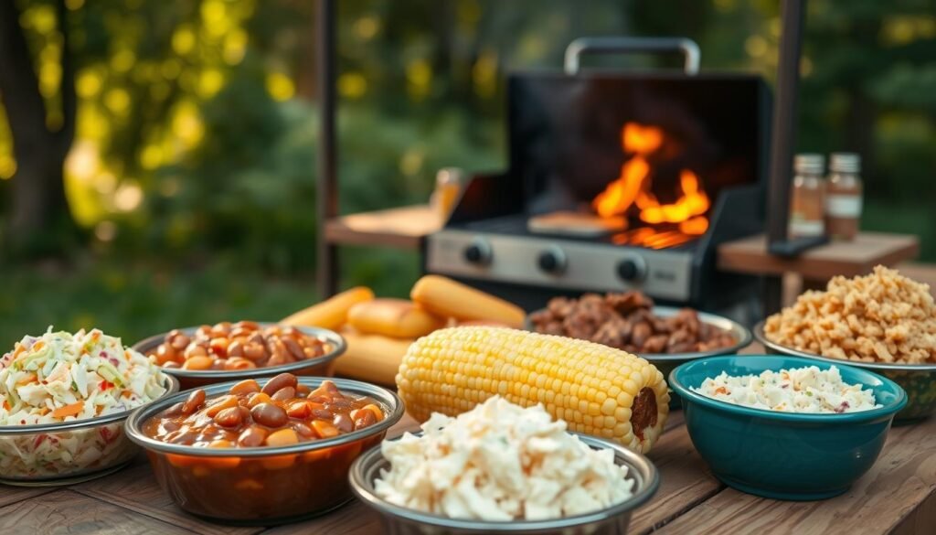 A rustic outdoor scene, a picnic table laden with classic BBQ side dishes. In the foreground, a selection of colorful and appetizing sides - creamy coleslaw, tangy baked beans, fluffy corn on the cob, and classic potato salad. The table is set against a backdrop of lush greenery, with a charcoal grill sizzling in the distance, casting a warm, smoky haze over the scene. Soft, natural lighting filters through the trees, creating a inviting, homey atmosphere. The image captures the essence of a quintessential BBQ gathering, where the delicious sides take center stage.