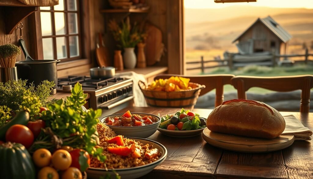A rustic pioneer woman's kitchen, bathed in warm, golden light from a large window. In the foreground, an abundance of seasonal ingredients - freshly harvested vegetables, herbs, and whole grains. A cast-iron pot simmers on the stovetop, releasing enticing aromas. In the middle ground, a well-worn wooden table is set with simple, yet elegant tableware. A variety of hearty, homemade dishes - a savory stew, a bountiful salad, and a crusty loaf of bread - await to be shared. The background depicts a picturesque pastoral scene, with rolling hills and a glimpse of a weathered barn. An atmosphere of cozy, comforting simplicity permeates the scene, inviting the viewer to experience the nourishing, soul-warming pleasures of seasonal pioneer woman recipes.