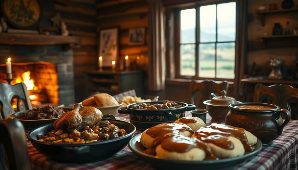 A rustic tableau of a pioneer woman's dinner table, illuminated by warm candlelight and the glow of a crackling fireplace. In the foreground, a bountiful spread of hearty main dishes - a sizzling roast chicken, tender beef stew, and fluffy biscuits smothered in rich gravy. Surrounding the table, handcrafted wooden furniture and antique crockery evoke a sense of timeless tradition. In the background, a large window offers a glimpse of a rolling countryside, hinting at the self-sufficient lifestyle of these early American settlers. The overall atmosphere is one of comfort, nourishment, and the enduring spirit of the pioneer woman.