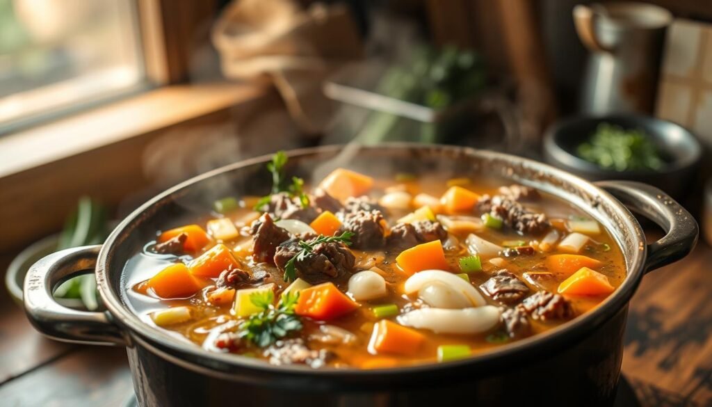 A rustic, well-lit kitchen setting featuring a large pot of simmering, nutritious ground beef soup. Thick slices of carrots, celery, and onions are visible, along with vibrant green herbs and hearty chunks of beef. The soup is steaming gently, its inviting aroma filling the air. The background is softly blurred, creating a cozy, homely atmosphere. The lighting is warm and natural, casting a gentle glow on the scene. The overall impression is one of wholesome, comforting, and healthy nourishment.
