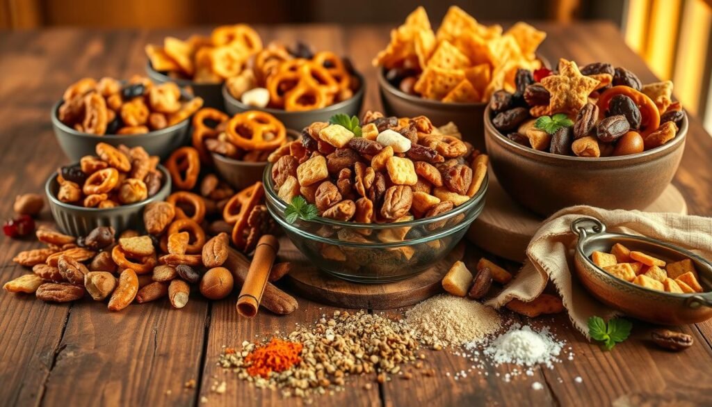 A rustic wooden table, bathed in warm, golden light, showcases an artfully arranged display of custom snack mix ingredients. Bowls brim with an assortment of savory nuts, salty pretzels, crisp crackers, and vibrant dried fruits. Hints of spice and herbal accents suggest mouthwatering flavors waiting to be explored. In the foreground, a scattering of spices and seasonings invites the viewer to imagine the creative possibilities of crafting their own unique snack mix blends. The scene exudes a sense of culinary exploration and the joy of personalized indulgence.
