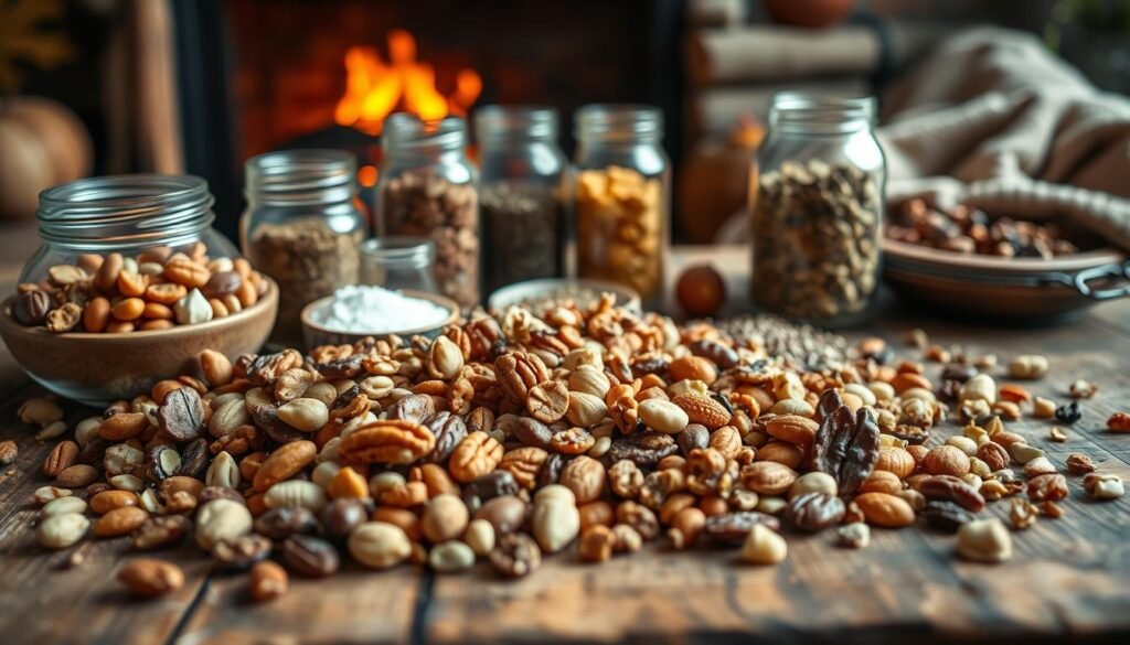 A rustic wooden table is adorned with an assortment of seasonal snack mix ingredients. In the foreground, an array of nuts, dried fruits, and crunchy seeds are arranged artfully, their warm tones accentuated by soft, natural lighting. In the middle ground, glass jars filled with various spices and seasonings suggest a wealth of flavors to be mixed and combined. The background features a cozy, autumnal setting, with a blurred fireplace and cozy textiles hinting at the perfect ambiance for indulging in these homemade treats. The overall atmosphere is one of comfort, craftsmanship, and the joys of seasonal snacking.