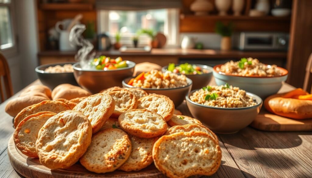 A rustic wooden table is set with an assortment of hearty whole grain dishes. In the foreground, a platter showcases an array of freshly baked breads, crackers, and rolls, their crusts golden and textured. In the middle ground, bowls overflow with steaming quinoa, farro, and brown rice, garnished with vibrant vegetables and aromatic herbs. The background features a sun-dappled kitchen, with warm lighting casting a cozy glow over the scene. The overall mood is one of nourishment and wholesome abundance, inviting the viewer to savor a healthy and satisfying midday meal.