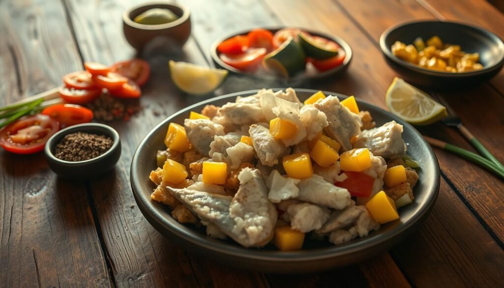 A rustic wooden table, its surface weathered by time, serves as the stage for a classic Caribbean culinary scene. In the foreground, a steaming platter of saltfish, its flaky white flesh contrasted by the vibrant yellow of ackee - a unique fruit indigenous to the region. Surrounding the main dish, an array of traditional seasonings and accompaniments, including sliced tomatoes, scallions, and perhaps a wedge of lime to add a tangy zest. Warm, diffused lighting casts a golden glow, elevating the earthy tones and evoking the cozy, homespun atmosphere of a Caribbean kitchen. The composition is balanced, drawing the viewer's eye to the harmonious blend of textures and flavors that exemplify this iconic island dish.
