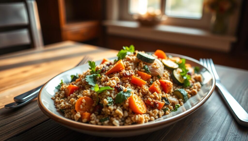 A rustic wooden table set with a hearty farro salad, the grain's nutty flavor complemented by roasted vegetables - carrots, zucchini, and onions - arranged artfully. Soft lighting from a nearby window illuminates the scene, casting a warm, inviting glow. The salad's vibrant colors - earthy greens, rich oranges, and deep reds - create a visually appealing and appetizing composition. The overall atmosphere evokes a cozy, homemade meal, perfect for a satisfying dinner. The image captures the essence of a robust, grain-based dish that could serve as a main course.