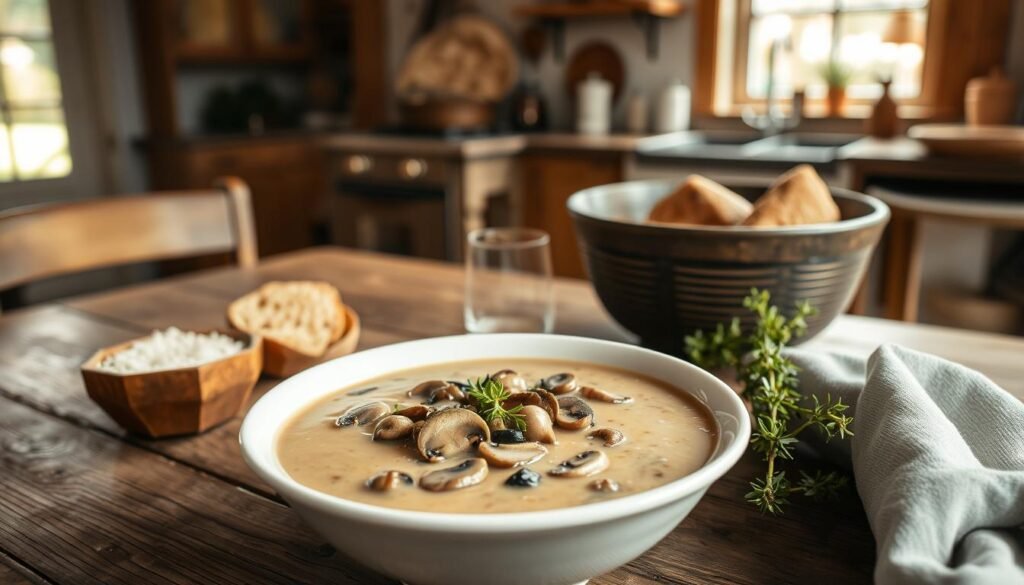 A rustic wooden table set with a steaming bowl of wild mushroom soup, its creamy texture accented by the earthy tones of sautéed mushrooms and fresh herbs. In the background, a cozy farmhouse kitchen with natural sunlight filtering through the window, casting a warm glow over the scene. The composition is balanced, with the soup taking center stage, surrounded by a few complementary ingredients like crusty bread and a sprig of thyme. The lighting is soft and diffused, creating a cozy, inviting atmosphere that reflects the comfort and decadence of this elevated take on a classic recipe.