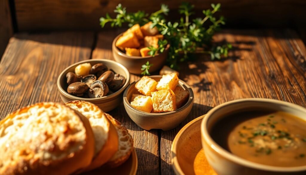 A rustic wooden table set with an array of mushroom soup accompaniments, bathed in warm, natural lighting that enhances their earthy tones. In the foreground, freshly baked crusty bread, sliced and arranged invitingly. Alongside, a small bowl of fragrant, sautéed wild mushrooms, their caps glistening. In the middle ground, a ceramic dish filled with crisp croutons, their golden hue contrasting with the deep, rich color of the soup. In the background, a simple bouquet of fresh thyme and parsley, their verdant leaves adding a touch of freshness to the scene. The overall atmosphere is cozy, welcoming, and celebrates the diverse flavors and textures that can elevate a simple mushroom soup.