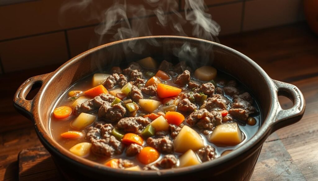 A savory ground beef stew simmering in a large, rustic pot on a wooden kitchen counter. The stew is filled with chunks of tender beef, diced carrots, celery, onions, and hearty potatoes, simmered in a rich, flavorful broth seasoned with herbs and spices. Steam rises from the pot, creating a cozy, inviting atmosphere. The lighting is warm and natural, casting a soft glow over the scene. The counter is set against a backdrop of earthy-toned walls, complementing the rustic feel of the dish. The overall composition emphasizes the comforting and homemade nature of this delicious ground beef stew.