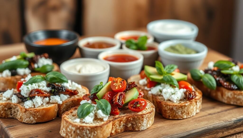 A scrumptious array of savory toast creations, artfully arranged on a rustic wooden surface. In the foreground, slices of toasted bread are topped with an assortment of gourmet ingredients - crumbled feta, sliced avocado, sun-dried tomatoes, and fresh basil leaves. The middle ground features a variety of dipping sauces and spreads, presented in small ceramic bowls, adding depth and texture to the scene. The background is softly lit, with warm, natural lighting highlighting the rich colors and textures of the ingredients. The overall mood is one of effortless elegance and culinary inspiration, inviting the viewer to savor these creative toast ideas. A scrumptious array of savory toast creations, artfully arranged on a rustic wooden surface. In the foreground, slices of toasted bread are topped with an assortment of gourmet ingredients - crumbled feta, sliced avocado, sun-dried tomatoes, and fresh basil leaves. The middle ground features a variety of dipping sauces and spreads, presented in small ceramic bowls, adding depth and texture to the scene. The background is softly lit, with warm, natural lighting highlighting the rich colors and textures of the ingredients. The overall mood is one of effortless elegance and culinary inspiration, inviting the viewer to savor these creative toast ideas.