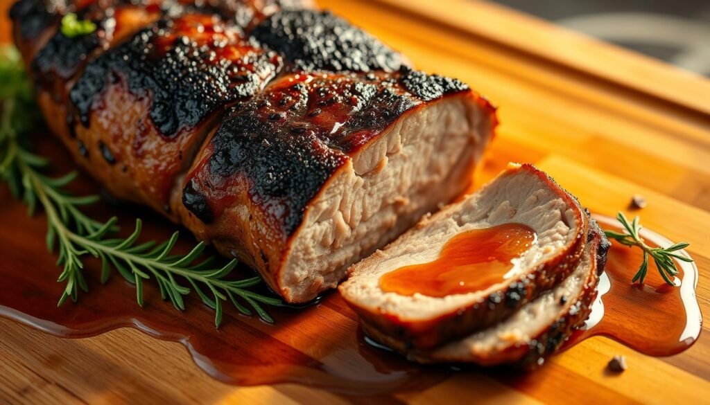 A seared pork tenderloin, perfectly caramelized on the outside, its juices glistening under the warm, golden light of the kitchen. The meat rests on a wooden cutting board, surrounded by aromatic herbs and a drizzle of rich, velvety sauce. The composition highlights the tenderloin's tender, succulent texture, inviting the viewer to imagine the satisfying experience of cutting into it. The image conveys a sense of culinary mastery, showcasing the techniques required to achieve this level of perfection in pork preparation.