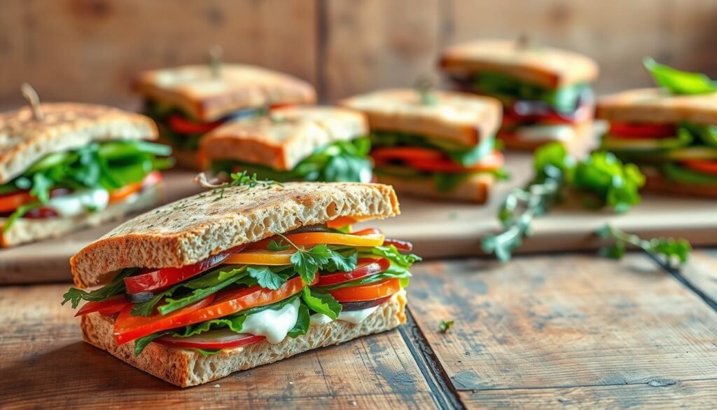 A seasonal assortment of fresh, vibrant vegetarian sandwiches is beautifully laid out on a rustic wooden table. The foreground features an artfully constructed sandwich, its layers of crisp seasonal vegetables, creamy spreads, and aromatic herbs spilling out invitingly. In the middle ground, additional sandwiches in various states of assembly are arranged, showcasing a variety of fillings and textures. The background is softly blurred, allowing the focus to remain on the sandwiches, which are bathed in warm, natural lighting that enhances their colors and textures. The overall mood is one of wholesome, homemade goodness, perfectly capturing the essence of "Seasonal Vegetable Sandwiches".