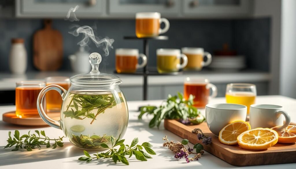 A serene kitchen counter, bathed in soft natural light, showcases a variety of herbal infusions. In the foreground, a delicate glass teapot steams with a fragrant chamomile blend, surrounded by a assortment of fresh herbs - lush mint, earthy rosemary, and vibrant lemon verbena. Tiered trays hold an array of artisanal mugs, each filled with a different herbal elixir, their colors ranging from deep amber to pale green. The mid-ground features a wooden board laden with sliced citrus, dried flowers, and a classic porcelain teacup. The background softly fades into a minimalist, airy setting, allowing the herbal infusions to take center stage.