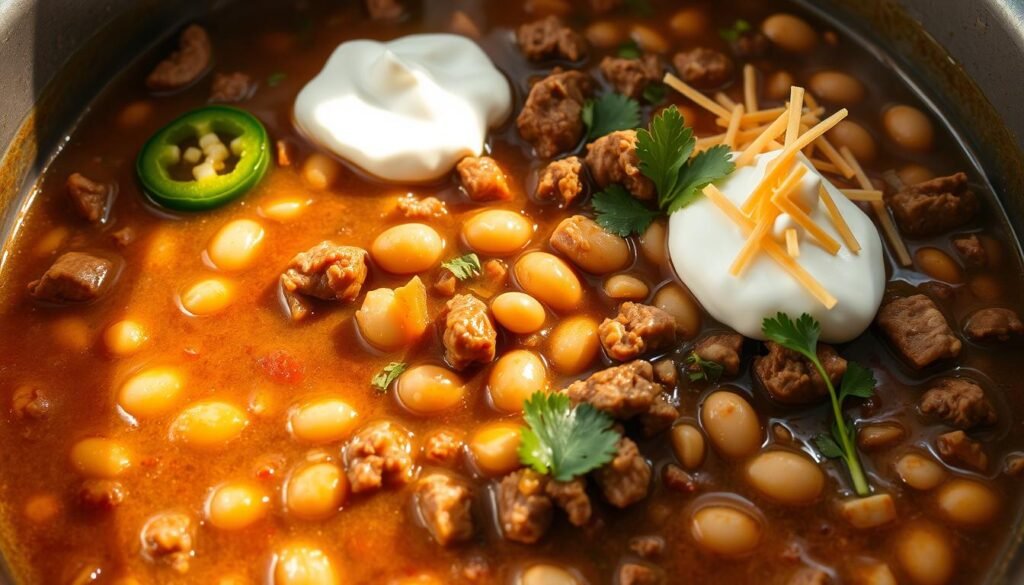 A simmering pot of savory ground beef and bean soup, with a rich, earthy aroma filling the air. Tender chunks of beef and creamy pinto beans mingle in a robust, subtly spiced broth, creating a comforting and satisfying meal. Slivers of fresh jalapeño and fragrant cilantro leaves add a bright, zesty contrast, while a dollop of sour cream and a sprinkle of shredded cheddar cheese add a creamy, tangy finish. The scene is lit by warm, natural light, casting a cozy glow over the scene, inviting the viewer to dive into this hearty and flavorful dish.