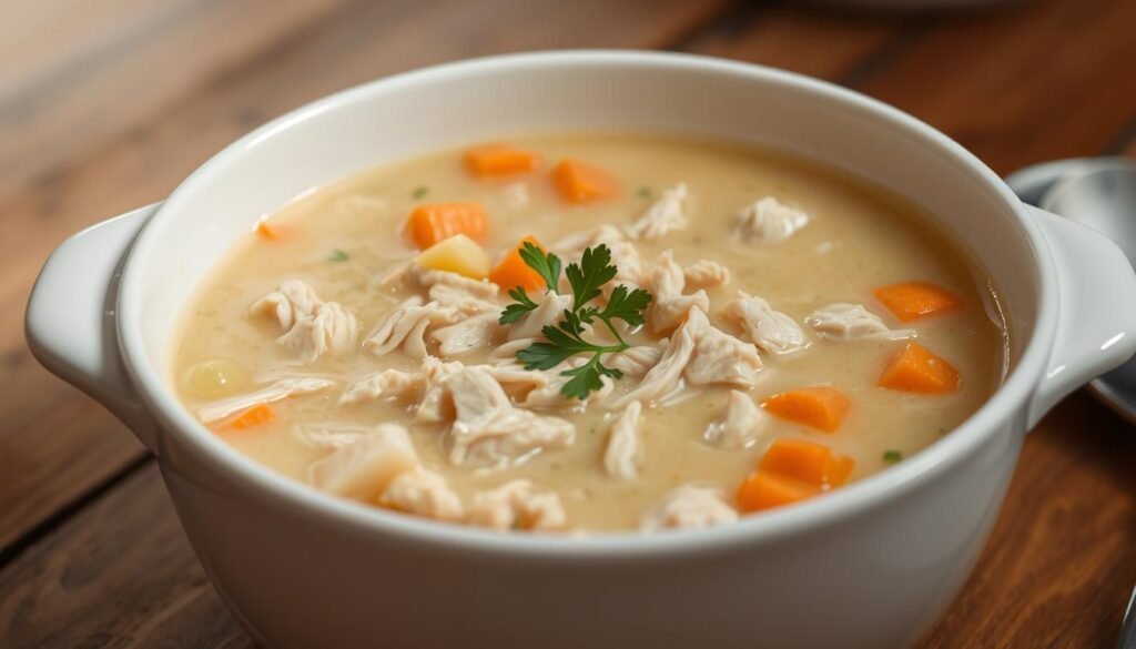 A simple, comforting cream of chicken soup, steaming hot in a white ceramic bowl. In the foreground, tender shredded chicken simmers in a rich, velvety broth, garnished with a sprinkle of freshly chopped parsley. The middle ground features diced carrots, celery, and onions, their subtle flavors adding depth to the soup. The background is softly lit, with a wooden table or surface creating a rustic, homemade ambiance. The overall mood is one of warmth, nourishment, and classic, timeless comfort.