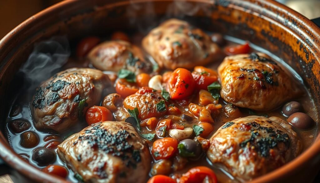A slow-cooked Mediterranean chicken dish, with succulent chicken thighs simmered in a fragrant blend of tomatoes, olives, garlic, and aromatic herbs. The dish is presented in a rustic earthenware pot, steam gently rising from the tender meat. Vibrant colors of red, green, and golden-brown fill the frame, illuminated by warm, natural lighting, as if the scene were captured through a wide-angle lens in a cozy kitchen. The overall atmosphere evokes the comforting, homestyle cooking of the Mediterranean region.