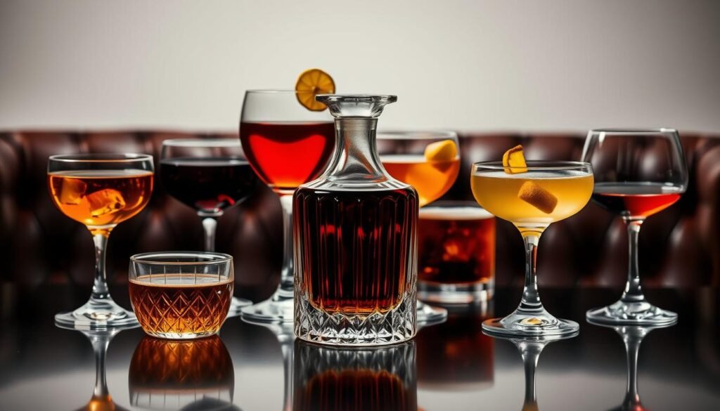 A sophisticated arrangement of premium alcoholic beverages, meticulously crafted to captivate the senses. In the foreground, an exquisite crystal decanter filled with a deep, amber-hued spirit, its surface glistening under the soft, dramatic lighting. Surrounding it, a selection of elegant glassware - snifters, tumblers, and coupes - each holding a different spirit-forward cocktail, the colors and textures creating a visually striking composition. In the middle ground, a subtle backdrop of rich, dark wood and leather, hinting at the refined, exclusive atmosphere. The overall mood is one of refinement, exclusivity, and a reverence for the art of distillation and mixing.