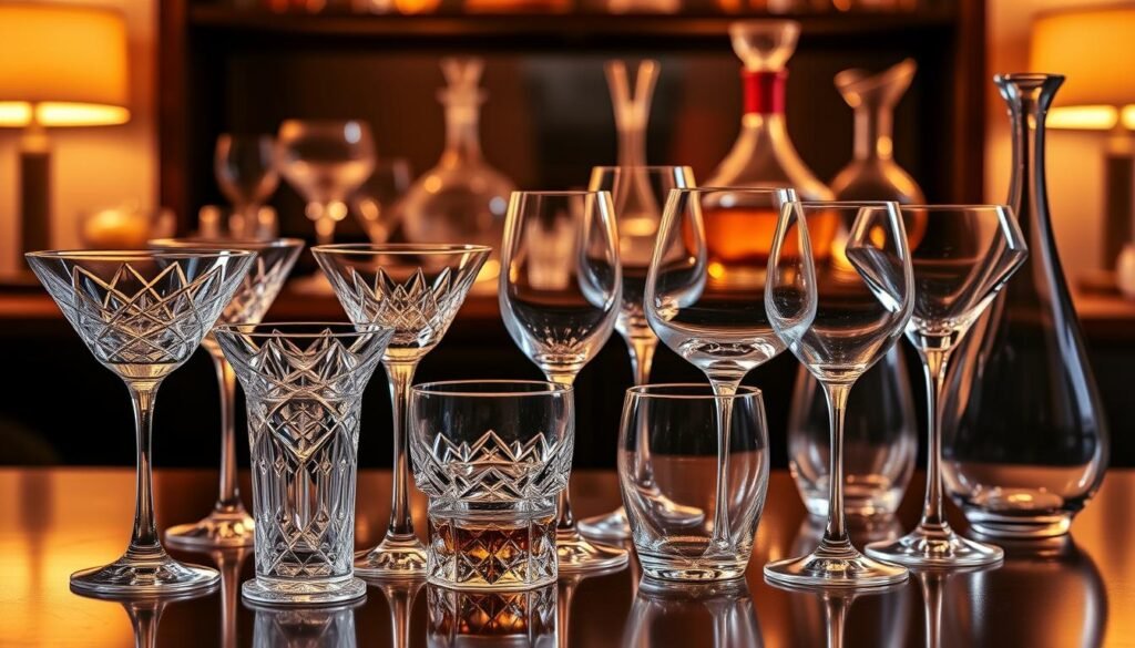A sophisticated collection of unique glassware options, illuminated by warm, ambient lighting that casts a soft glow. In the foreground, an assortment of elegantly shaped cocktail glasses, each with a distinctive design - some with intricate patterns etched into the crystal, others featuring bold, angular profiles. In the middle ground, a selection of wine glasses showcasing a range of stem heights and bowl shapes, hinting at the diverse flavors they're meant to enhance. Lastly, in the background, a display of unique decanters and carafes, their fluid forms and translucent materials complementing the overall sophisticated aesthetic. The overall composition evokes a sense of refined elegance, perfectly suited for the "Essential Glassware for a Stunning Presentation" section of the article.