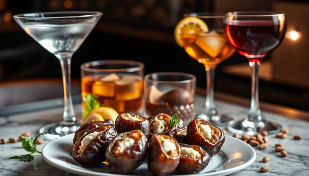 A sophisticated still life showcasing a selection of cocktail pairings for stuffed dates. In the foreground, a plate of plump, golden-brown stuffed dates, their centers bursting with creamy cheese and nuts. Behind them, a variety of cocktail glassware - a martini glass filled with a clear, sparkling gin-based drink, a lowball with a rich, amber-colored whiskey old-fashioned, and a coupe brimming with a deep-hued, ruby-red wine-based aperitif. The middle ground features a scattering of garnishes - fresh herbs, citrus wedges, and a sprinkling of toasted nuts. The background is softly blurred, suggesting a classy, dimly-lit bar or restaurant setting. The lighting is warm and inviting, casting a subtle glow across the scene. Captured with a shallow depth of field, creating a sense of elegance and sophistication. A sophisticated still life showcasing a selection of cocktail pairings for stuffed dates. In the foreground, a plate of plump, golden-brown stuffed dates, their centers bursting with creamy cheese and nuts. Behind them, a variety of cocktail glassware - a martini glass filled with a clear, sparkling gin-based drink, a lowball with a rich, amber-colored whiskey old-fashioned, and a coupe brimming with a deep-hued, ruby-red wine-based aperitif. The middle ground features a scattering of garnishes - fresh herbs, citrus wedges, and a sprinkling of toasted nuts. The background is softly blurred, suggesting a classy, dimly-lit bar or restaurant setting. The lighting is warm and inviting, casting a subtle glow across the scene. Captured with a shallow depth of field, creating a sense of elegance and sophistication.