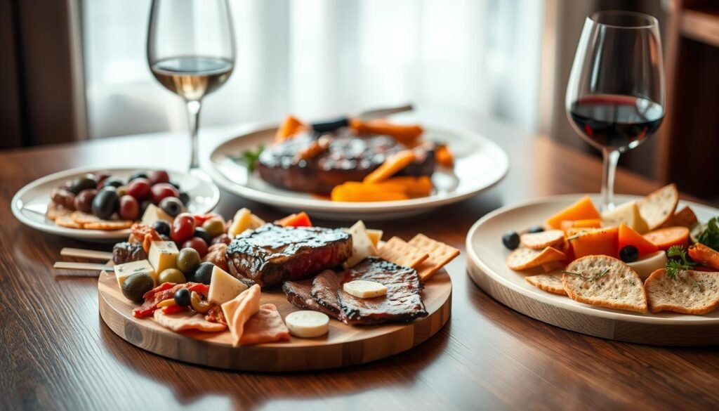 A sophisticated tabletop setting with a selection of artfully plated appetizers and a main course dish. In the foreground, a charcuterie board features an array of cured meats, cheeses, olives, and crackers, arranged in a visually appealing manner. In the middle ground, a seared steak with a rich, velvety sauce is accompanied by a side of roasted vegetables, creating a harmonious balance of flavors and textures. The background is softly lit, creating a warm, inviting atmosphere, with a gentle reflection of the tableware visible on the polished wooden surface. The overall composition conveys a sense of culinary expertise and attention to detail, perfectly capturing the essence of "Crafting a Balanced Dinner Menu".
