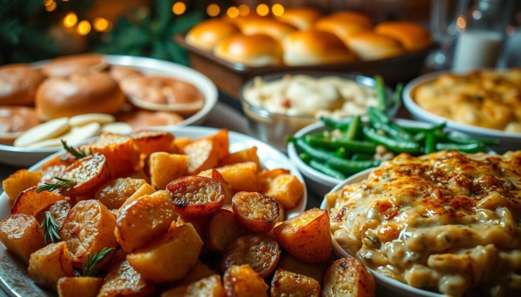 A spread of delectable Christmas side dishes set against a cozy, dimly lit dinner table. In the foreground, golden-brown roasted potatoes, perfectly crisp and seasoned with fragrant rosemary. Alongside, a vibrant green bean casserole, its creamy sauce infused with the subtle sweetness of caramelized onions. In the middle, a rich and creamy mashed potato gratin, its bubbly, golden-brown crust contrasting with the fluffy interior. In the background, a tray of fluffy, buttery dinner rolls, their aroma wafting through the air. Soft, warm lighting casts a gentle glow, creating an inviting and intimate atmosphere that draws the eye to the tantalizing array of side dishes, elevating the main course to create a truly memorable Christmas feast. A spread of delectable Christmas side dishes set against a cozy, dimly lit dinner table. In the foreground, golden-brown roasted potatoes, perfectly crisp and seasoned with fragrant rosemary. Alongside, a vibrant green bean casserole, its creamy sauce infused with the subtle sweetness of caramelized onions. In the middle, a rich and creamy mashed potato gratin, its bubbly, golden-brown crust contrasting with the fluffy interior. In the background, a tray of fluffy, buttery dinner rolls, their aroma wafting through the air. Soft, warm lighting casts a gentle glow, creating an inviting and intimate atmosphere that draws the eye to the tantalizing array of side dishes, elevating the main course to create a truly memorable Christmas feast.