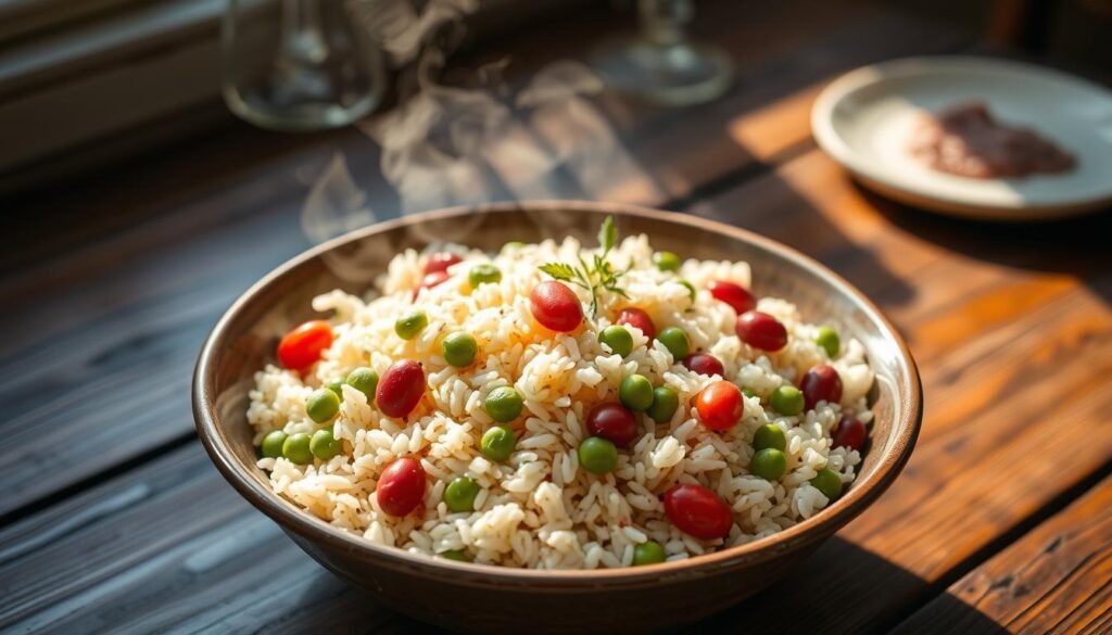 A steaming bowl of Caribbean rice and peas, nestled on a rustic wooden table. The fragrant grains are fluffy and aromatic, seasoned with thyme, garlic, and savory coconut milk. Vibrant kidney beans dot the dish, adding a pop of color and texture. Gentle afternoon sunlight filters through a nearby window, casting a warm glow over the scene. The table is set simply, with a few sprigs of fresh herbs as a garnish, inviting the viewer to imagine pairing this comforting side dish with succulent island-style shrimp.