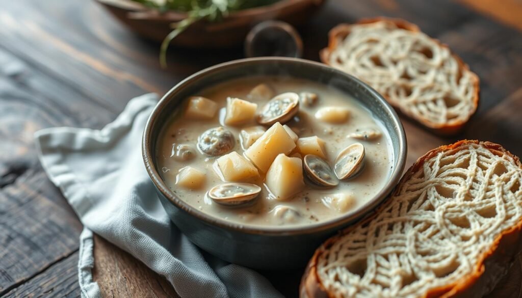 A steaming bowl of New England clam chowder, its rich and creamy broth flecked with tender chunks of potatoes, onions, and succulent clams. The chowder is presented on a rustic wooden table, surrounded by a linen napkin and a crusty slice of artisanal sourdough bread, inviting the viewer to indulge in this quintessential regional dish. Soft, diffused lighting casts a warm glow, evoking the cozy atmosphere of a New England coastal town. The scene is captured with a wide-angle lens, creating a sense of depth and immersion, drawing the viewer into the comforting and hearty flavors of this classic Thanksgiving side dish.