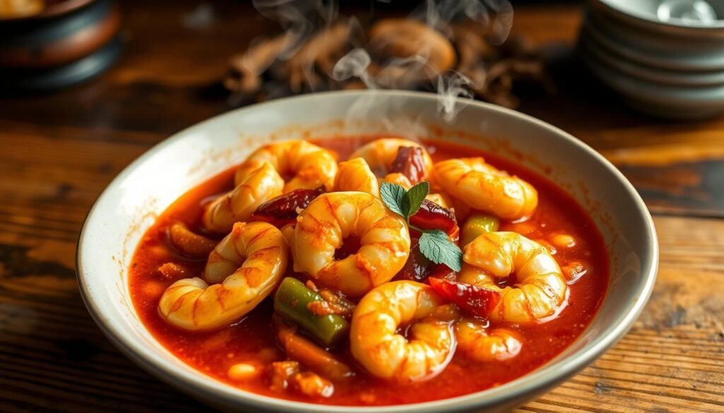 A steaming bowl of Shrimp Creole, the quintessential Caribbean seafood dish, sits on a rustic wooden table. Succulent shrimp are simmered in a rich, tangy tomato-based sauce, infused with aromatic bell peppers, onions, garlic, and a blend of warm spices. The vibrant red hues of the sauce contrast with the plump, juicy shrimp, creating a visually striking presentation. Wisps of steam rise from the bowl, hinting at the aromatic and flavorful delights within. The overall scene conveys the essence of Caribbean cuisine - bold, vibrant, and bursting with the flavors of the tropics. Captured under soft, natural lighting and framed with a slightly wider angle, the image invites the viewer to savor the classic, comforting essence of this signature Caribbean dish.