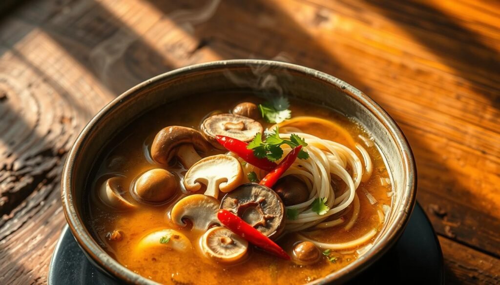 A steaming bowl of Thai mushroom soup, set against a backdrop of earthy, textured wooden surfaces. In the foreground, a medley of exotic mushrooms - shiitake, oyster, and enoki - gently floating in a rich, aromatic broth infused with lemongrass, galangal, and kaffir lime leaves. The middle ground reveals delicate rice noodles intertwined with slices of fresh red chili and sprigs of fragrant cilantro. Shafts of warm, golden light illuminate the scene, casting a cozy, inviting glow. The atmosphere evokes the flavorful traditions of Thai cuisine, showcasing the humble yet extraordinary potential of the mushroom.