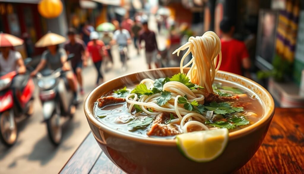 A steaming bowl of Vietnamese pho, the quintessential nourishing soup, takes center stage against a backdrop of bustling Vietnamese street life. Aromatic broth simmers with fragrant herbs and spices, its depth accented by tender slices of beef. Vibrant sprigs of fresh cilantro, crisp bean sprouts, and a squeeze of tangy lime contrast the rich flavors. Soft rice noodles twirl invitingly, beckoning the viewer to partake in this global culinary adventure. Warm, natural lighting casts a gentle glow, capturing the cozy, welcoming ambiance of a local pho shop. This image evokes the welcoming, flavorful essence of Vietnamese cuisine, inspiring the reader to explore the world's diverse soup traditions.